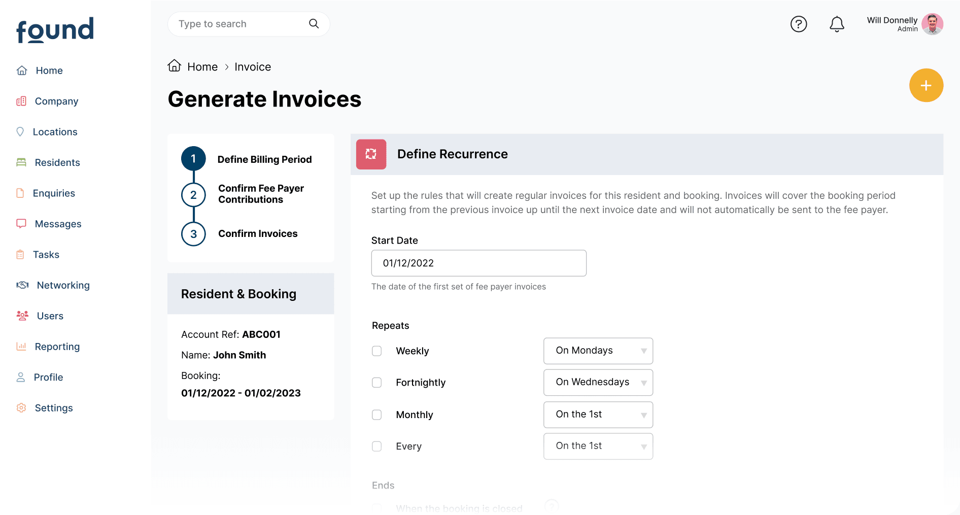 The Found CRM billing module, allowing users to create automated schedules